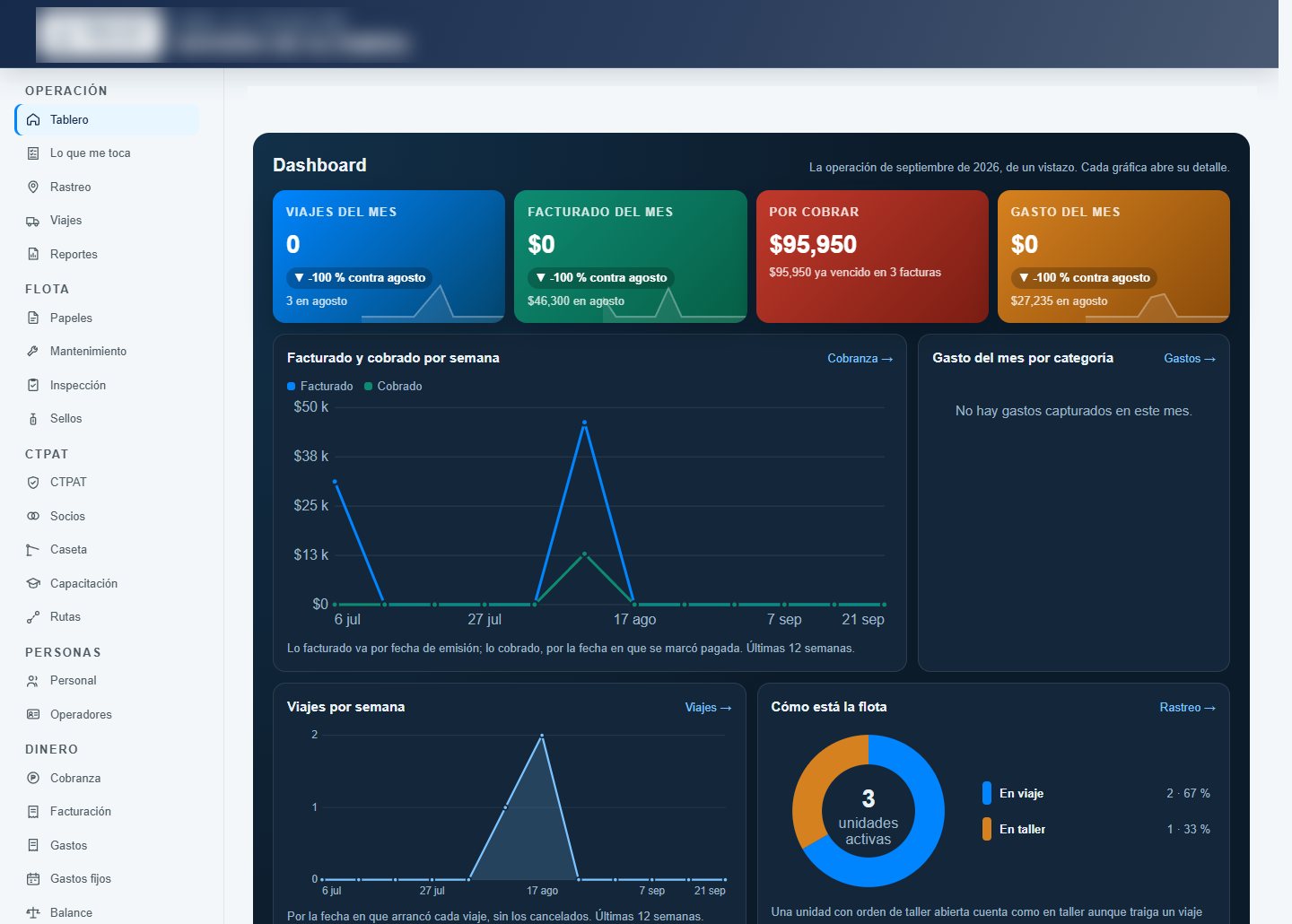 Carrier dashboard with trips, billed, receivables, spend and fleet status; sample data
